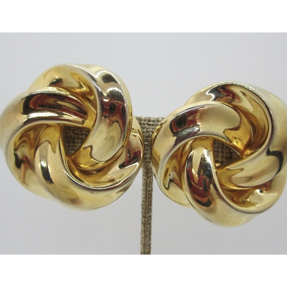 Vintage Knot Clip On Earrings Shiny Gold Tone Round Metal Chunky 1980s